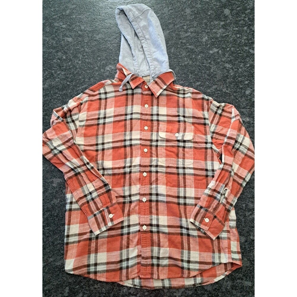 American Eagle Hoodie Mens L Orange Flannel Plaid Super Soft Removable Hood